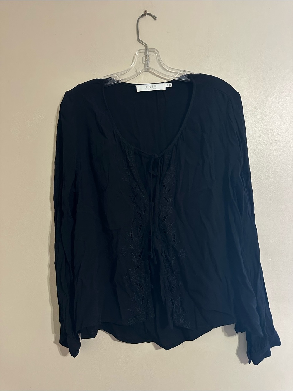 Astr Black Long Sleeve Tie-Front Blouse